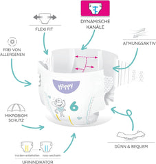 Bella Baby Happy Premium pelenkák, 6-os méret, Junior Extra, 15+ kg, 96 db, DERMATEST és OEKO-TEX Seal, Eldobható babapelenkák