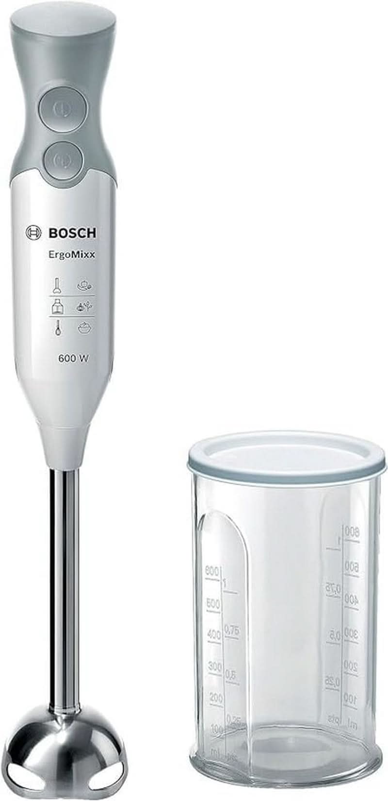 Bosch Stabmixx Ergomixx MSM66110, Edelstahl-Mixfuß, Mix- Und Messbecher, 2 Geschwindigkeitsstufen, Leichtes Gehäuse, 4-Klingen-Messer, Einfache Reinigung, 600 W, Weiß/Grau Kitchen Naty Shop