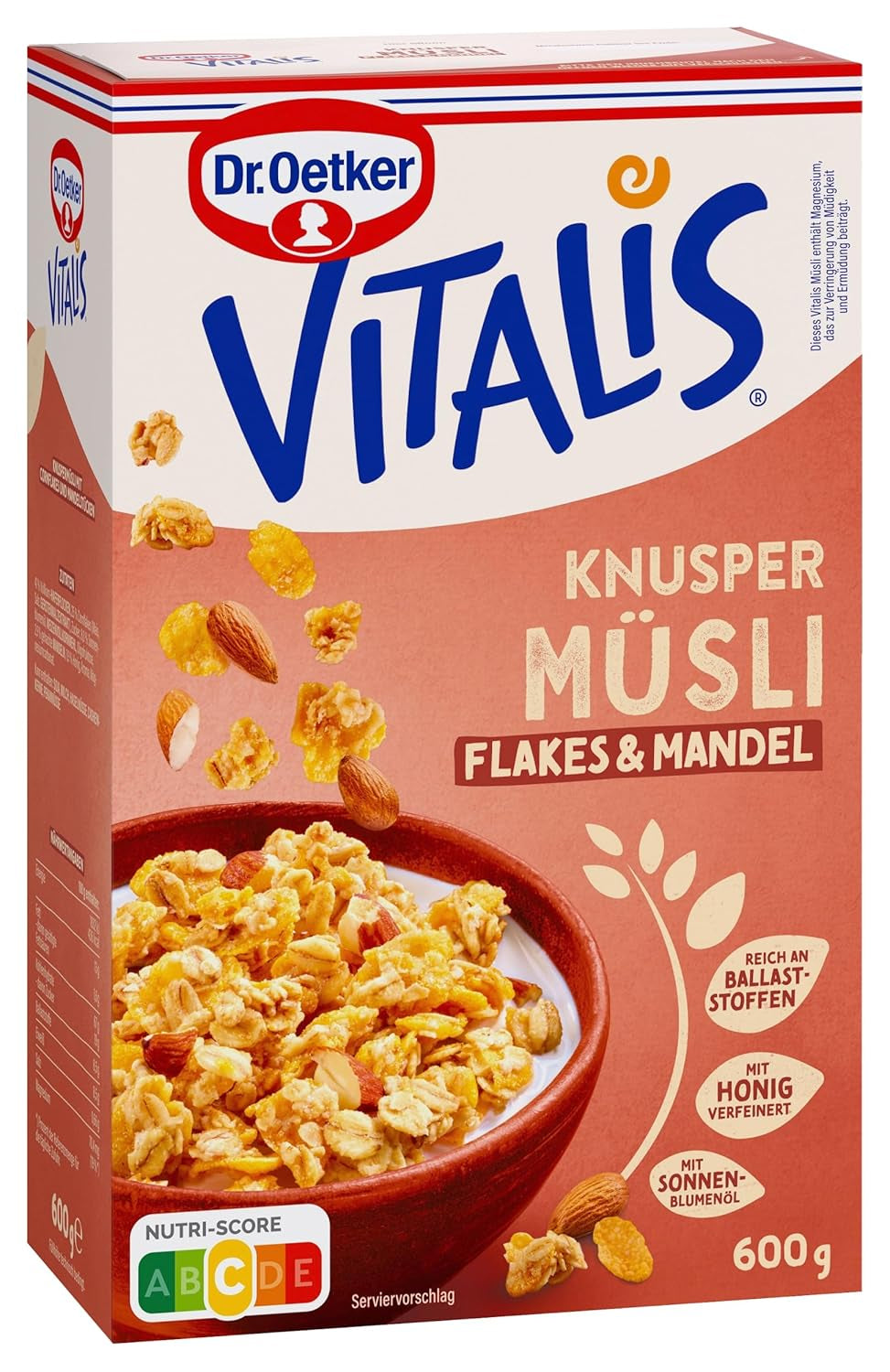 Dr. Oetker Vitalis Crunchy Flakes: Ropogós müzli kukoricapehellyel és manduladarabokkal, 5 db (5 x 600g) csomag