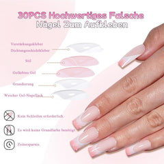 30 de bucăți unghii false franțuzești - unghii artificiale pentru lipit - unghii cu gel moale pentru femei - unghii adezive acrilice, manichiură pătrată (roz franțuzesc)