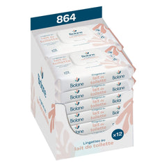 BIOLANE - 12 db-os csomag - Baba nedves törlőkendő WC tejjel - Babák - 864 Baba nedves törlőkendő - Tisztít és hidratál - Érzékeny bőrre - 98%-ban természetes eredetű - Születéstől