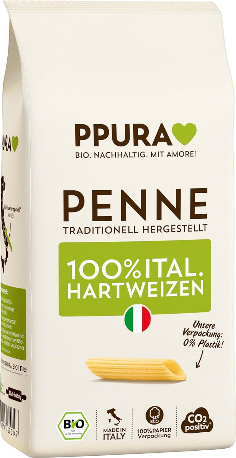 PPURA Organic durumbúza Penne tészta 500g, 100%-ban természetes csőtészta, Made in Italy - olasz tészta adalékanyagok, színezékek és tartósítószerek nélkül