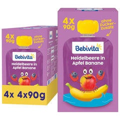 Áfonya, alma és banán kinyomható tasakok – 16 db (4 csomag, egyenként 4 x 90 g), hozzáadott cukor nélkül, gluténmentes, ideális elvitelre és útközbeni harapnivalókra