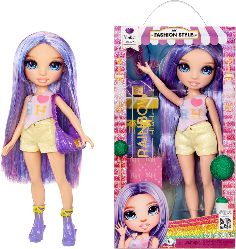 Păpușa Rainbow High My Fashion Style - Violet - 28 cm Păpușă la modă mov cu ținută atrăgătoare și geantă elegantă, pentru joacă, pozat, colecționare, pentru copii cu vârsta cuprinsă între 4 și 12 ani