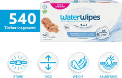 WaterWipes Sensitive+ nedves törlőkendő újszülötteknek és csecsemőknek, 540 db (9 csomag), 3 az 1-ben tisztítás, ápolás, védelem, 99,9% víz, illatmentes