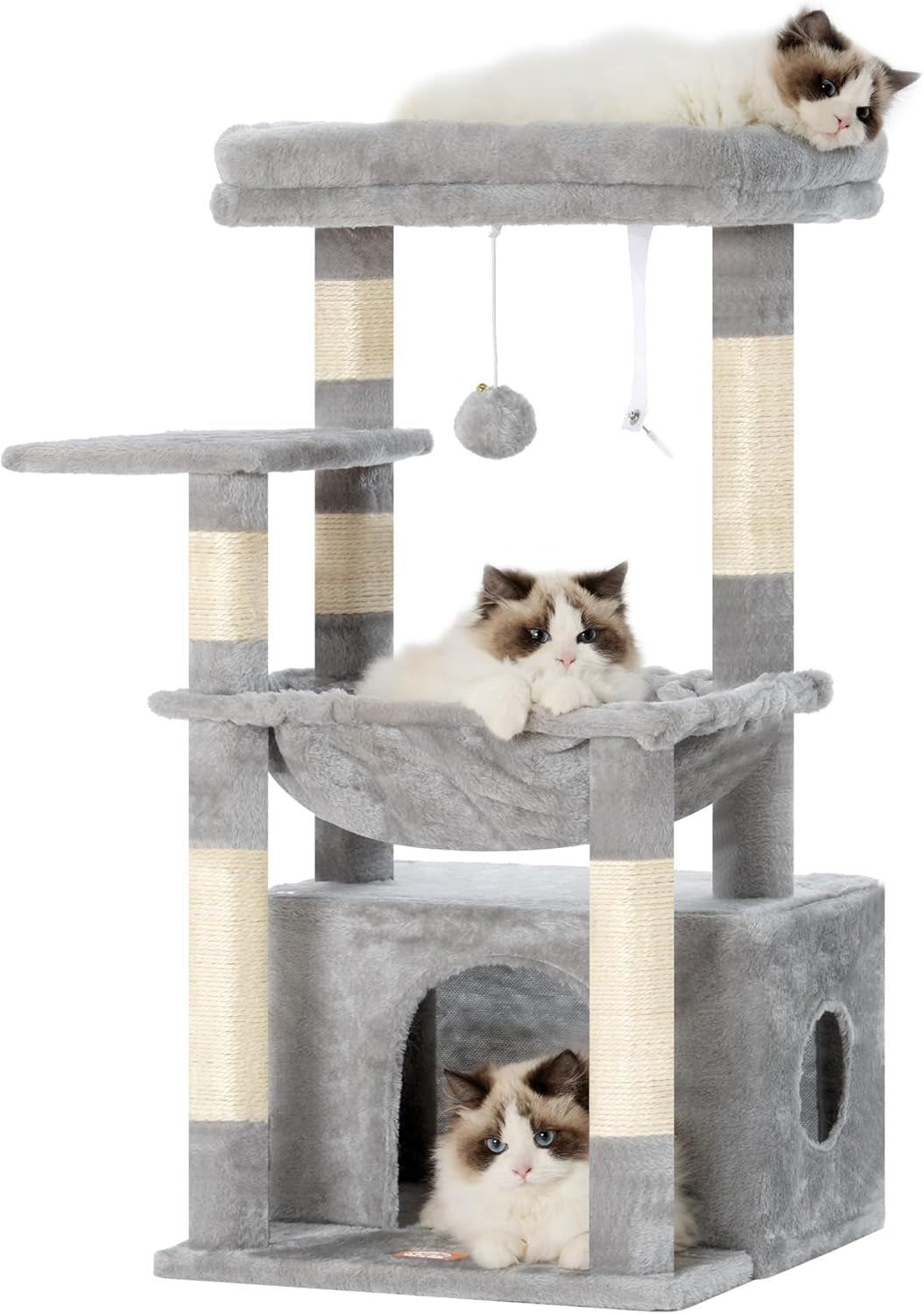 Heybly, copac pentru pisici cu coș moale și extra mare, stâlp de zgâriat pentru pisici cu pat spațios și zonă de dormit ascunsă, stâlpi robusti de zgâriat din sisal, gri deschis HCT008SW