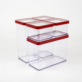 Rotho Loft set de 5 borcane de depozitare cu capac, diferite dimensiuni, plastic alimentar (PP) fără BPA, transparent/roșu, (21,4 x 21,4 x 23,5 cm) Cutii depozitare alimente Naty Shop Set de 5 (1X 2.1L + 2X 1.5L + 2X 0.5L)