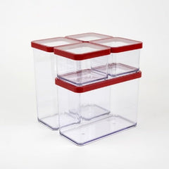 Rotho Loft set de 5 borcane de depozitare cu capac, diferite dimensiuni, plastic alimentar (PP) fără BPA, transparent/roșu, (21,4 x 21,4 x 23,5 cm) Cutii depozitare alimente Naty Shop Set de 5 (1X 2.1L + 2X 1.5L + 2X 0.5L)