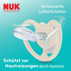 Suzete NUK Perfect Match Air Night pentru bebeluși | 0-6 luni | Suzete care strălucesc în întuneric, care promovează circulația aerului și previn salivarea | Acceptare 95% de către bebeluși** | Lion | Pachet de 2