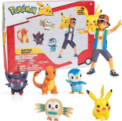 Pokémon-csata készen áll! 6 részes figurakészlet - 11,4 cm-es hamu és indító Pikachu, 5,1 cm-es Charmander, Rowlet, Piplup, Zorua - Hivatalos engedéllyel - Húsvéti ajándék gyerekeknek, fiúknak, lányoknak akciófigurák Naty Shop alapértelmezett címe