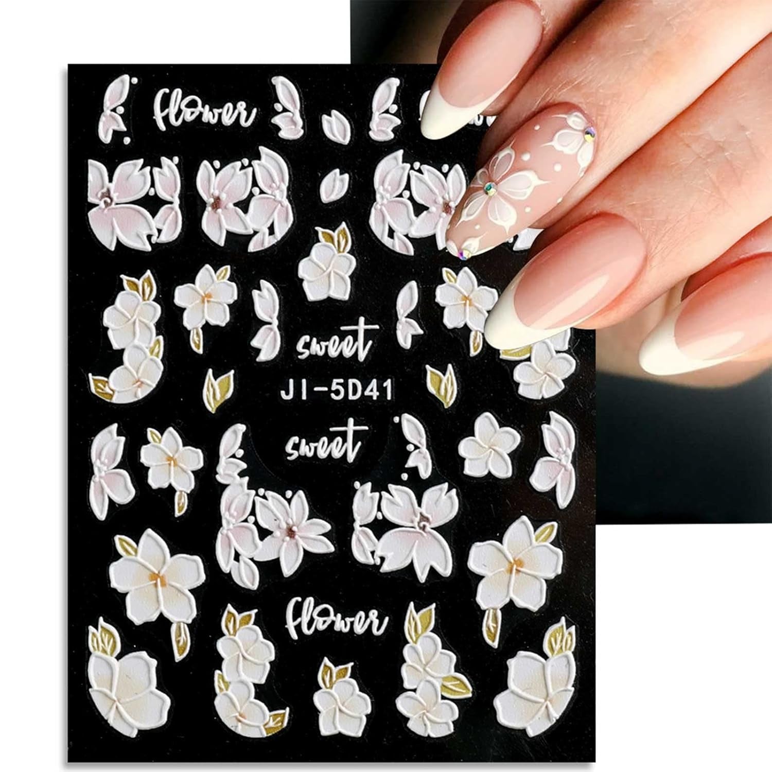 JMEOWIO 3D Nagelsticker Frühling Blume Nail Art Sticker Selbstklebend Nagelaufkleber 5D Stereoskopisch Buntes Sommer Blumen Dekoration Nageldesign Zubehör 4 Blatt