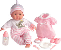 JC Toys- Berenguer Boutique 38 cm-es, valósághű Babystoffpuppe mit open/geschlossenen 10-teiliges Geschenkset mit Flasche, Rassel, Schnuller & Zubehör Rosa From 2 Jahren