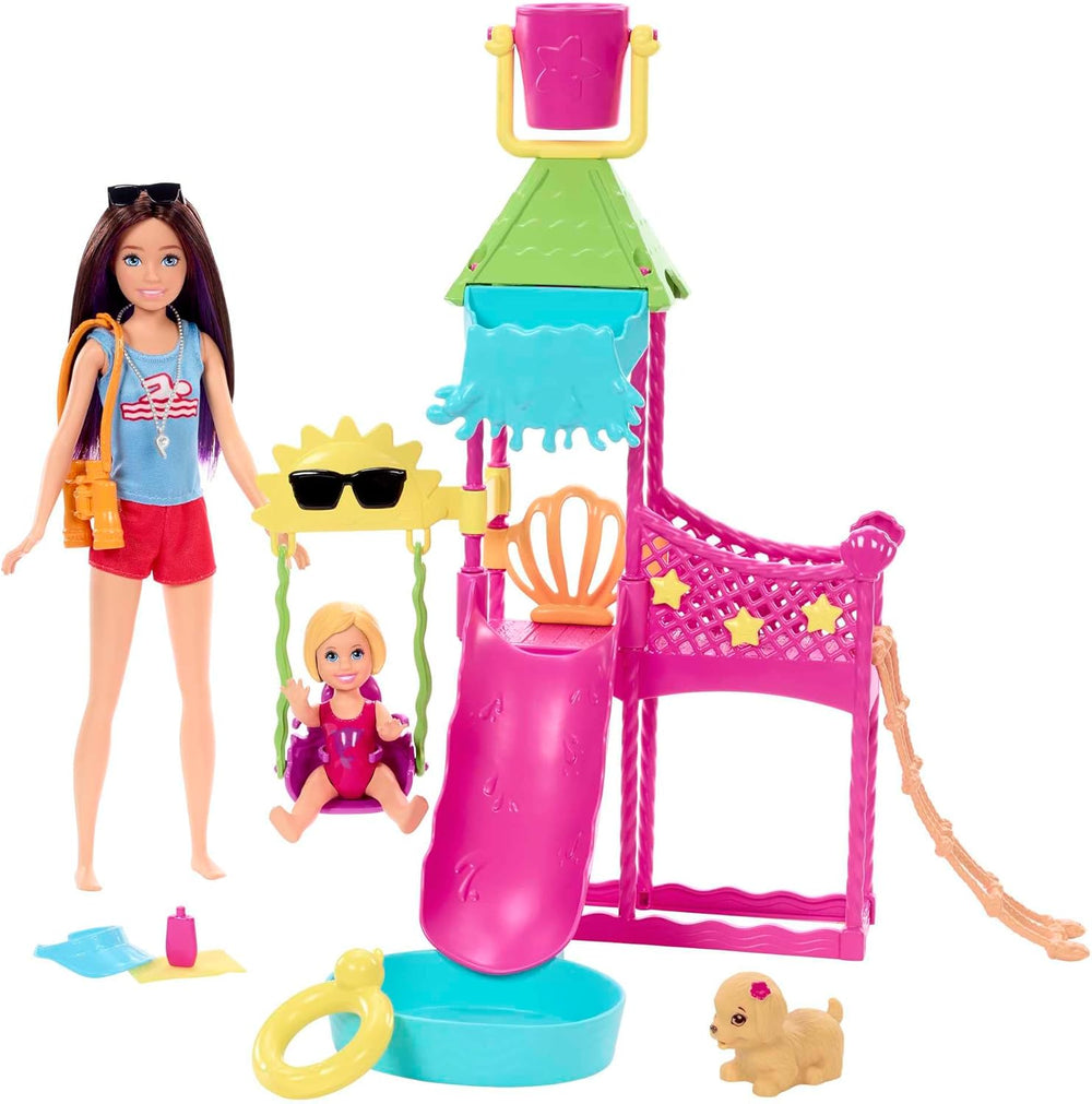 Barbie Skipper Erste Jobs Puppe und Accessoires – Erste Arbeitswelterfahrung im Wasserpark mit echter Wasserrutsche, Zubehörteile, für Kinder ab 3 Jahren, HKD80