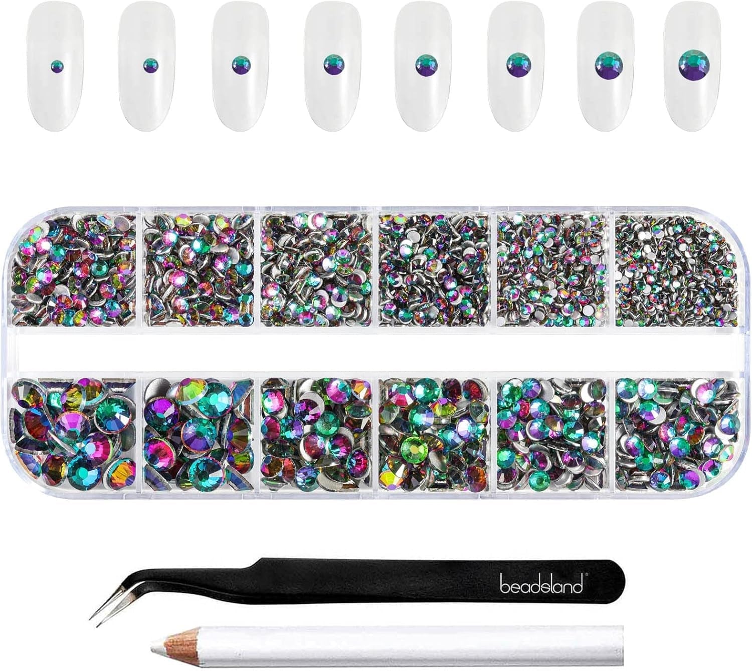 Beadsland 2500Pcs Glas Nailart Strasssteine Kristall Flatback Edelsteine Runde, Für Handwerk Gemischt 8 Größen SS4 ~ SS30 Mit Picking Pinzette Und Stift (Kristall Weiss)
