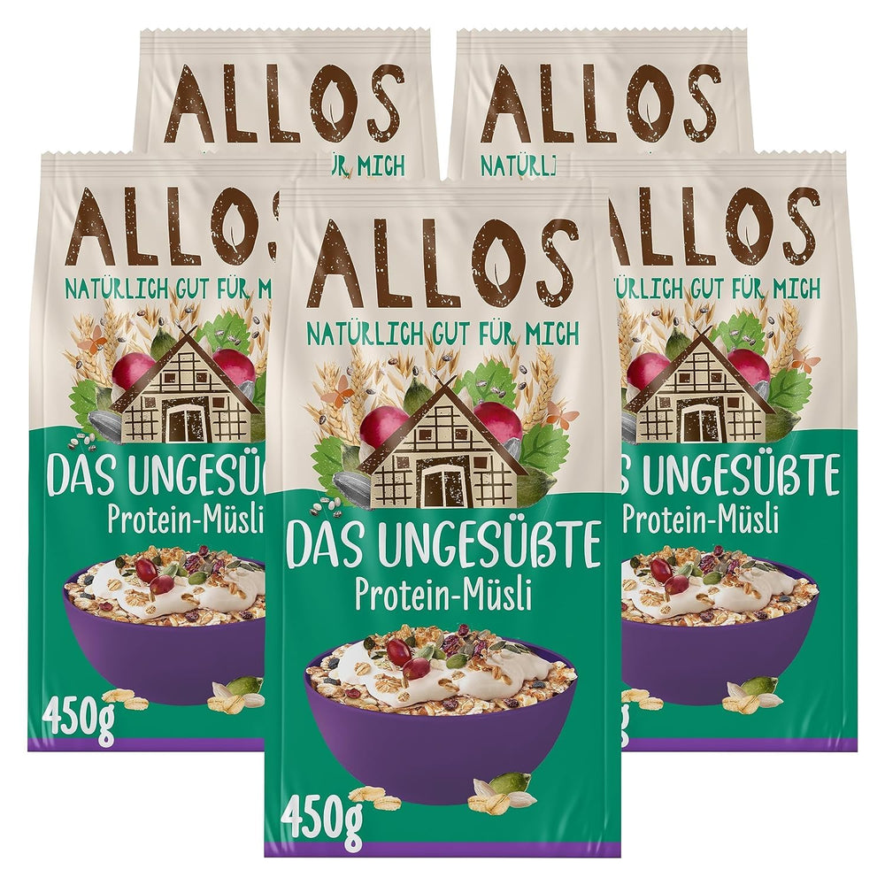 Allos cukrozatlan protein müzli | Bio müzli | Zabpehely | Gabonafélék reggelire | Vegán (5 x 450 g), 1 db (5 db-os csomag)