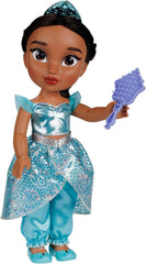 Disney Princess Jasmin Puppe 35 cm, reflektierende Glitzeraugen, bewegliche Gelenke, ausziehbares Outfit, Schuhe, Krone, langes geflochtenes Haar, für Mädchen ab 3 Jahren