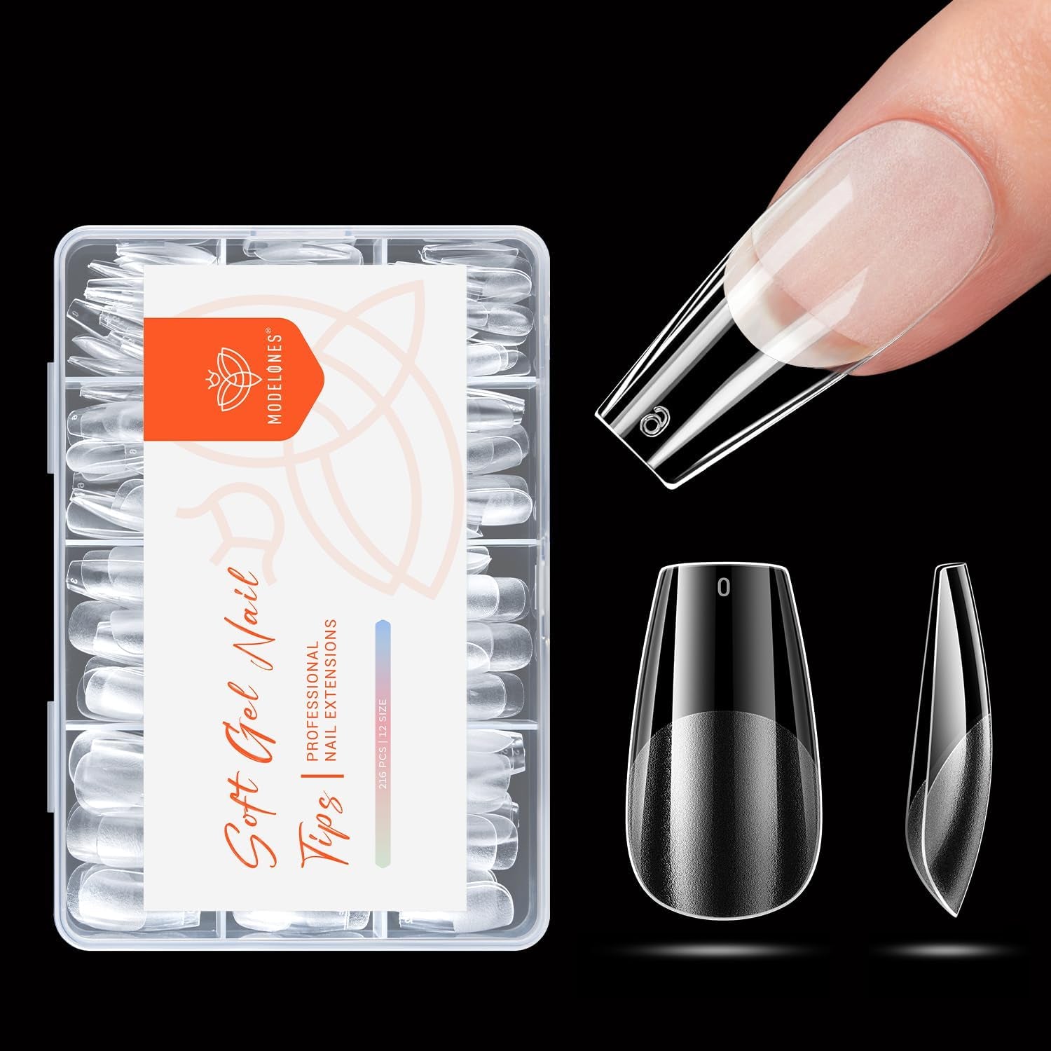 Modelones Tips Unghii 216 Piese - Set Tips Unghii Acoperire Completă, Set Tips Gel Moale, Tips Unghii Rășină PMMA Pre-Lustruire, Unghii Artificiale pentru Lipire pe Nail Art DIY, Migdale Scurte XS