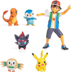 Pokémon-csata készen áll! 6 részes figurakészlet - 11,4 cm-es hamu és indító Pikachu, 5,1 cm-es Charmander, Rowlet, Piplup, Zorua - Hivatalos engedéllyel - Húsvéti ajándék gyerekeknek, fiúknak, lányoknak akciófigurák Naty Shop