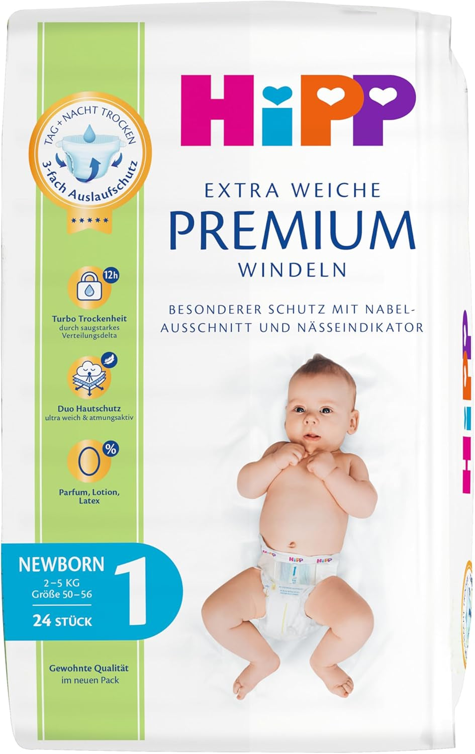 Pelenka HiPP Extra Soft Premium Size 1 Újszülött 2-5 kg, 72 db (3 db 24 db), 3 irányú szivárgásvédelemmel és kettős bőrvédelemmel