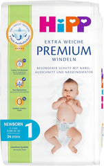 Pelenka HiPP Extra Soft Premium Size 1 Újszülött 2-5 kg, 72 db (3 db 24 db), 3 irányú szivárgásvédelemmel és kettős bőrvédelemmel