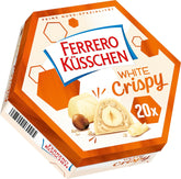 Ferrero Küsschen White Crispy - Valentin-napi ajándék neki és neki - Ropogósra sült mogyoró világos krémben ropogós chipsekkel, fehér csokoládéval bevonva, 1 csomag 20 db külön praliné