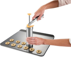 Presă de patiserie din oțel inoxidabil Tescoma DELÍCIA | Versatilitate maximă pentru decorarea fursecurilor și torturilor | 20 de discuri decorative și 4 duze de decorare | Durabilitate și calitate |