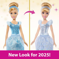 Mattel DISNEY Prințesa Cenușăreasa - Păpușă articulată cu ținută strălucitoare, pantofi detașabili și diademă, păr pieptănat pentru distracție de coafare, pentru copii cu vârsta de 3 ani și peste, HLW06