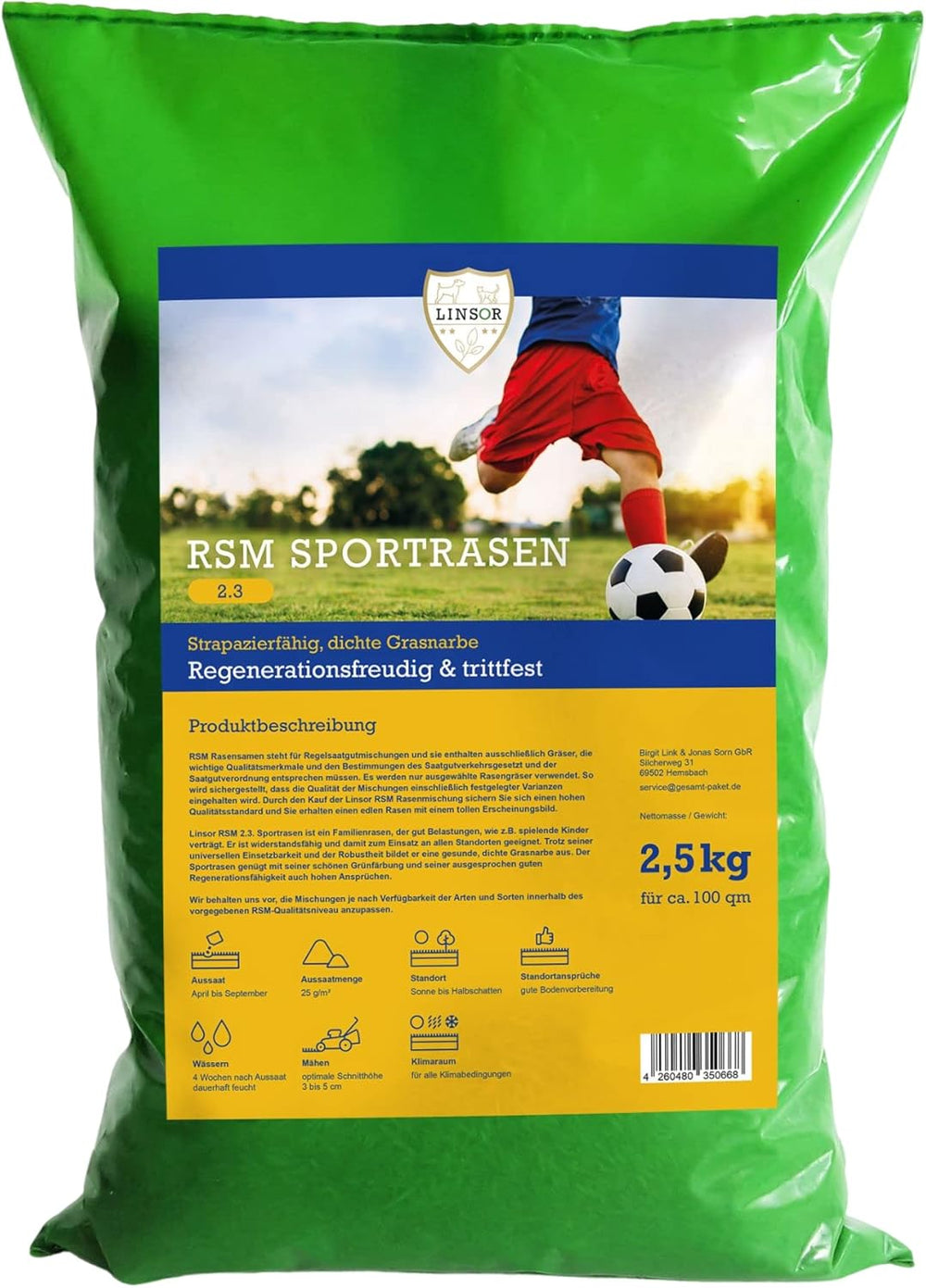 RSM 2.3 Sportrasen, Spielrasen, Trittfest, Robust, Dichte Grasnarbe, Alle Standorte, Regel Saatgut Mischung,2,5Kg FĂŒr 100MÂČ