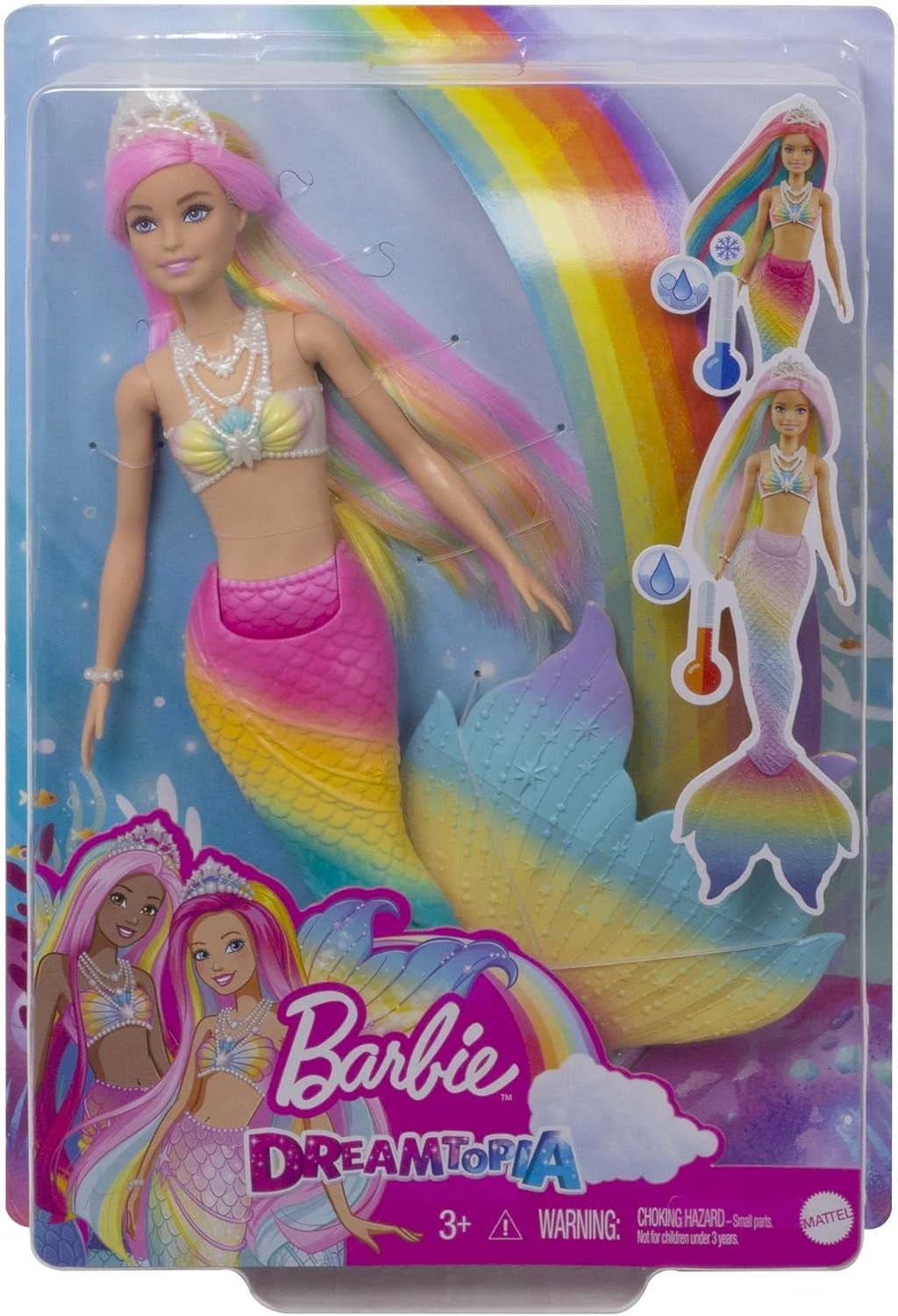 Barbie Dreamtopia Rainbow Magic Mermaid, Barbie Mermaid cu păr curcubeu, păpușă care își schimbă culoarea activată de apă, jucărie de la 3 ani, cadou pentru fete, GTF89 Papusi Naty Shop
