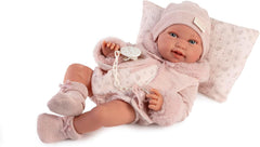 Antonio Juan Puppen für Neugeborne, Winterpfeife, valósághű Babypuppe, 42 cm, rózsaszín ruhákkal, cumival és párnával