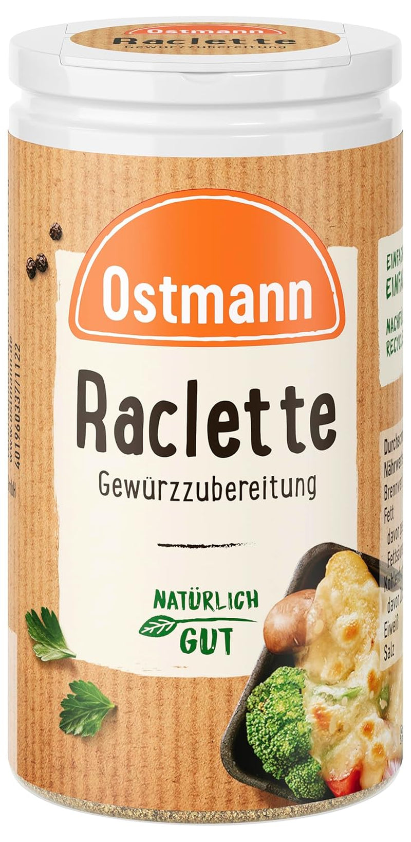 Ostmann Gewürze - Raclette Gewürzzubereitung | Zum Würzen von Käsegerichten | Recyclebare, nachfüllbare Streudose | 45 g Streuerben