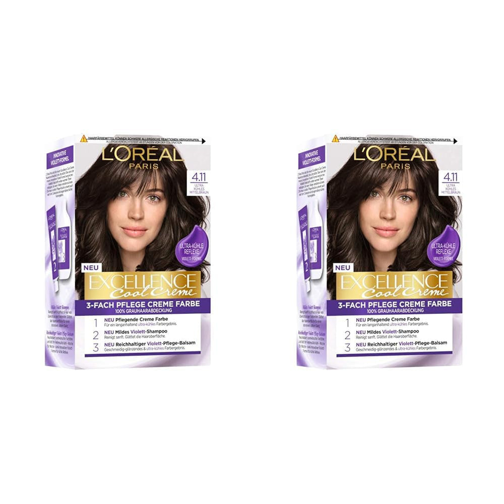 L'Oréal Paris Vopsea de păr permanentă cu rezultat de culoare, acoperire 100% a părului gri, set cu colorare, șampon și cremă de îngrijire, Excellence Cool Creme, nr. 4.11 Ultra rece maro mediu (maro) Vopsea pentru par Naty Shop Titlu implicit