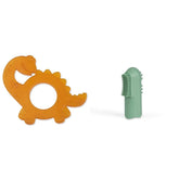 Inel de dentiție din cauciuc natural organic pentru bebelușii care își fac dentiția, masează gingiile, fără BPA, moale, promovează motricitatea fină, design cu dinozauri (639-V1) și periuță de dinți pentru degete din cauciuc natural