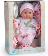 JC Toys- Berenguer Boutique 38 cm-es, valósághű Babystoffpuppe mit open/geschlossenen 10-teiliges Geschenkset mit Flasche, Rassel, Schnuller & Zubehör Rosa From 2 Jahren