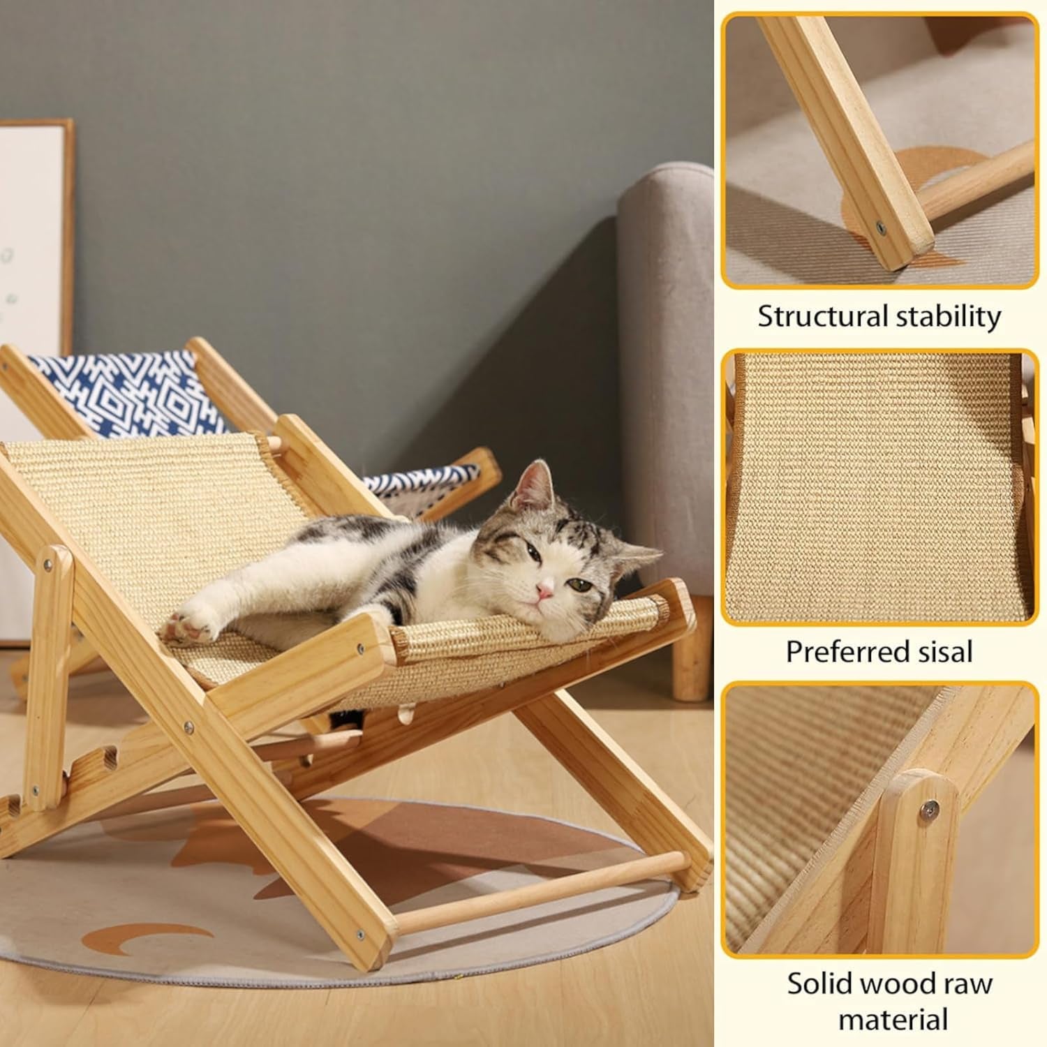 Pat reglabil pentru pisici, șezlong pentru pisici din sisal, pat pentru pisici din sisal, hamac pliabil pentru pisici, șezlong pentru pisici cu o capacitate de încărcare de 10 kg, reglabil pe 4 niveluri, pentru câini de talie mică, pisici, animale mici