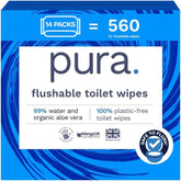 Șervețele umede ecologice, de unică folosință, 560 de șervețele (14 x 40 de șervețele), pachet lunar, 100% fără plastic, 99% apă, șervețele umede sensibile și îngrijitoare, certificate „Fine to Flush”, biodegradabile, vegane