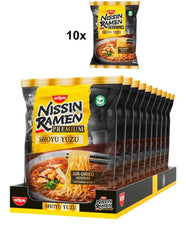 Nissin Ramen Premium - Shoyu Yuzu 10 csomag japán stílusú levegőn szárított instant tészta Yuzu szójaszósszal és szárított póréhagymával (10 x 92,7 g)