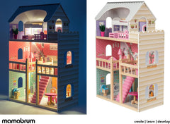 A405 Casă de păpuși cu iluminare LED - 3 etaje și set de mobilier - Casă de joacă din lemn, inclusiv accesorii: bucătărie, baie, dormitor - Cadou pentru fete de la 3 ani în sus Casute de papusi Naty Shop