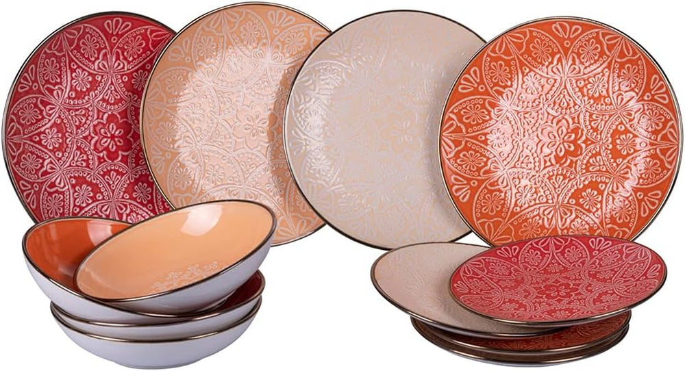 Set de veselă din gresie, format din 12 piese, 4 seturi de farfurii în 4 modele diferite, Baku Sunset