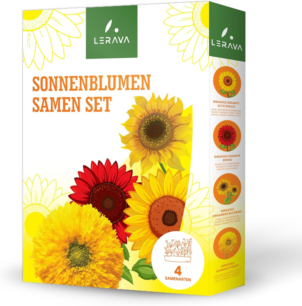 LERAVA® Sonnenblumen Samen Set (4 fajta) - Riesige gelbe & rote Sonnenblume - Zwerg und Sungold Teddy - Premium Sonnenblumensamen für Garten und Balkon - Blumensamen Geschenk für Hobbygärtner