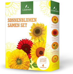 LERAVA® Sonnenblumen Samen Set (4 fajta) - Riesige gelbe & rote Sonnenblume - Zwerg und Sungold Teddy - Premium Sonnenblumensamen für Garten und Balkon - Blumensamen Geschenk für Hobbygärtner