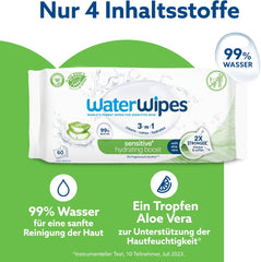 WaterWipes Sensitive+ Hydrating Boost nedves törlőkendők, hidratáló törlőkendők, 360 darab (6 csomag), 3 az 1-ben tiszta, ápoló, hidratáló, 99% aloe vera víz, illatmentes baba törlőkendők