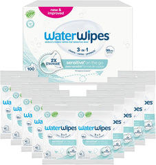 WaterWipes Sensitive+ On The Go nedves törlőkendők, 100 törlőkendő (10 csomag), 3 az 1-ben tisztít, ápol, véd, 99,9% víz, illatmentes törlőkendő