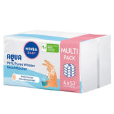 NIVEA Baby AQUA nedves törlőkendők, baba törlőkendők az érzékeny bőr kíméletes tisztítására, hipoallergén és illatmentes nedves törlőkendők babáknak 99%-os vízzel (4 x 57 db) Baby Wet Wipes Naty Shop