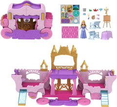 Mattel Disney Prinzessin Verwandlungs-Spielset Kutsche zu Schloss mit kleiner Puppe Aurora, 3 Ebenen, 6 Spielbereichen, 4 Figuren, Möbeln & Zubehör HWX17