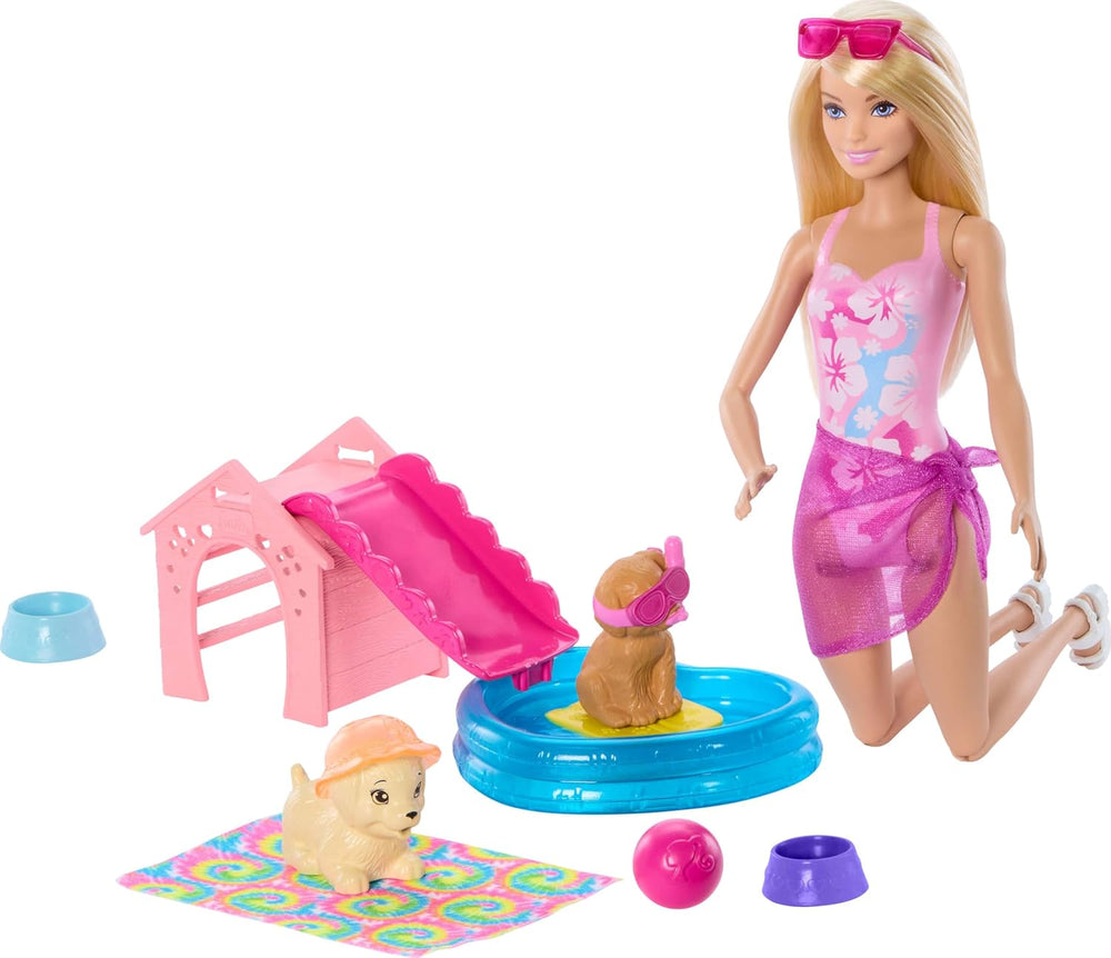Set de joacă Barbie Puppy Pool Party cu păpușă la modă, căsuță pentru câini și tobogan, piscină în formă de inimă, 2 figurine câini, 6 accesorii și schimbător de culoare, JBF35