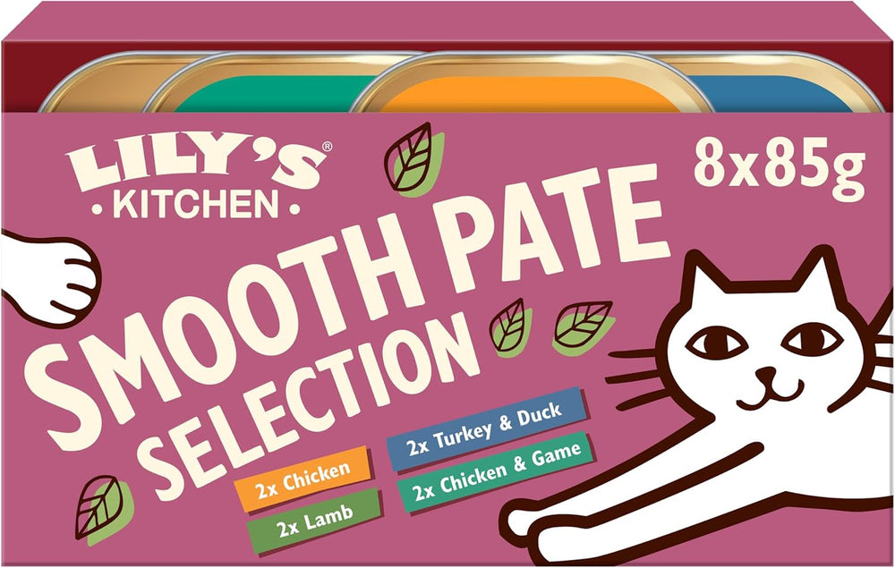 Hrană umedă naturală, fragedă, din pate, pentru pisici adulte, Lily's Kitchen, tăvițe, rețete fără cereale, diverse sortimente (32 tăvițe x 85 g)