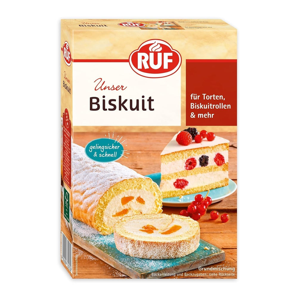 RUF Biskuit Teig, Backmischung Für Einen Saftigen Biskuitteig, Gelingsicher Und Schnell Zuberitet, Zur Herstellung Von Biskuitrollen, Biskuitkuchen Oder Tortenboden, 1 X 250G Naty Shop Bikuit Biskuit