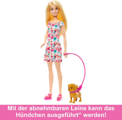 Păpușa Barbie Dog Duo și accesorii, inclusiv cățeluș și câine mare cu scaun cu rotile, lesă, bol cu hrană, pat pentru animale și recompense cu oase, pentru copii cu vârsta de 3 ani și peste, HTK37