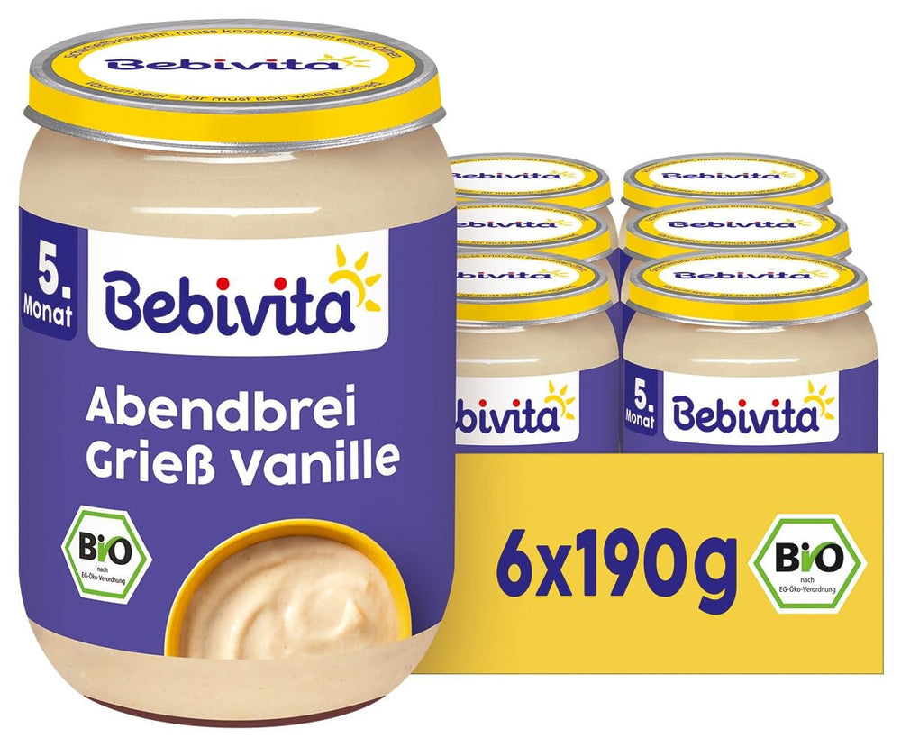 Terci de seară cu griș organic și vanilie (6 x 190g), de la 5 luni, fără zahăr adăugat, foarte sățios, calitate 100% organică